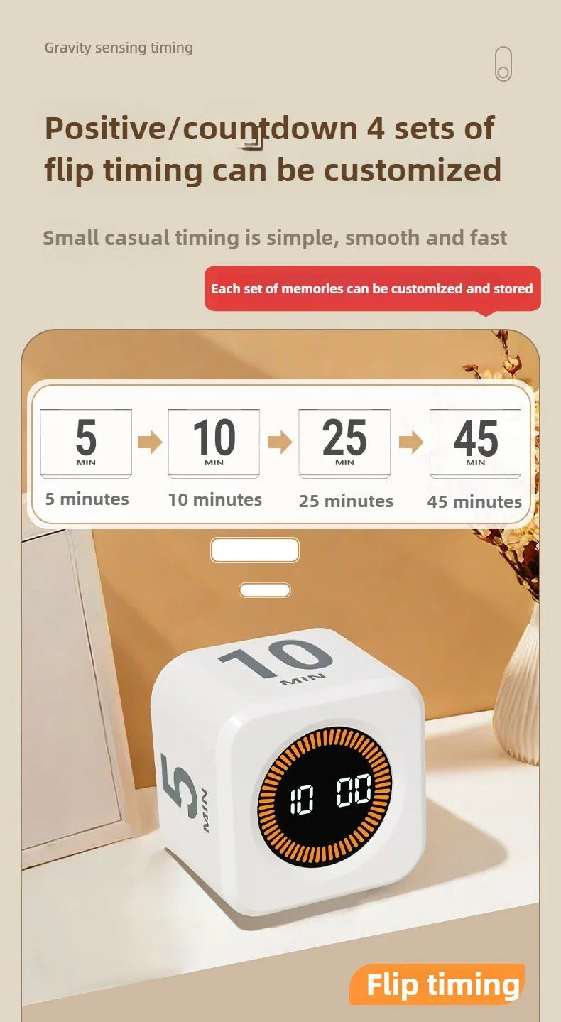 Productivity Timer Productivity Cube Timer Gravity Sensor LED Display 4 Preset Time Kids Time Management Kitchen Countdown Timer